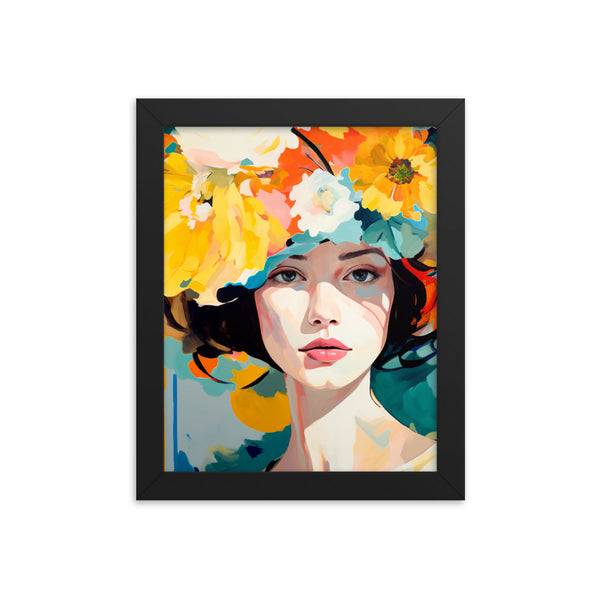 Radiant Beauty - Floral Adorned Woman Wall Decor - Black 8″×10″ - Framed Posters