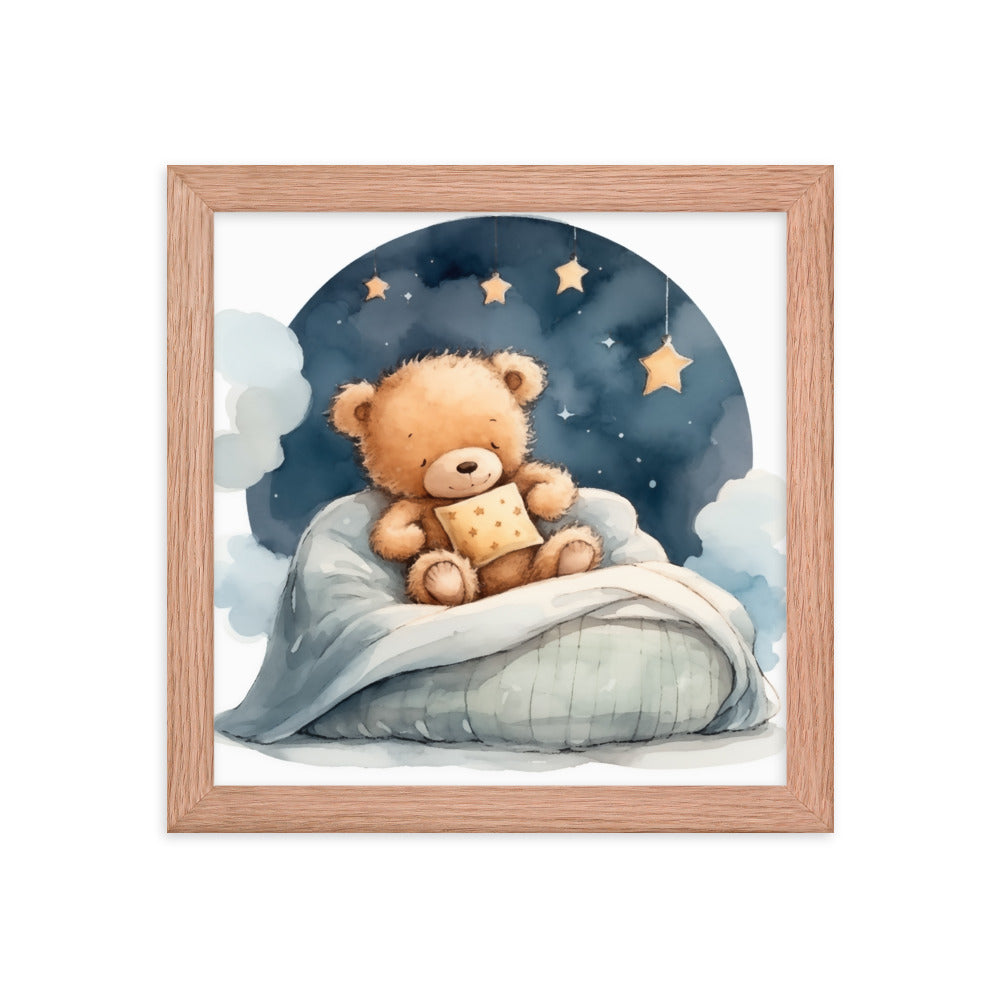 Bedtime Bliss - Adorable Teddy Bear Poster - Red Oak 10″×10″ - Wooden Framed Posters