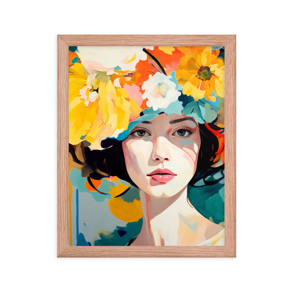 Radiant Beauty - Floral Adorned Woman Wall Decor - Red Oak 11″×14″ - Framed Posters