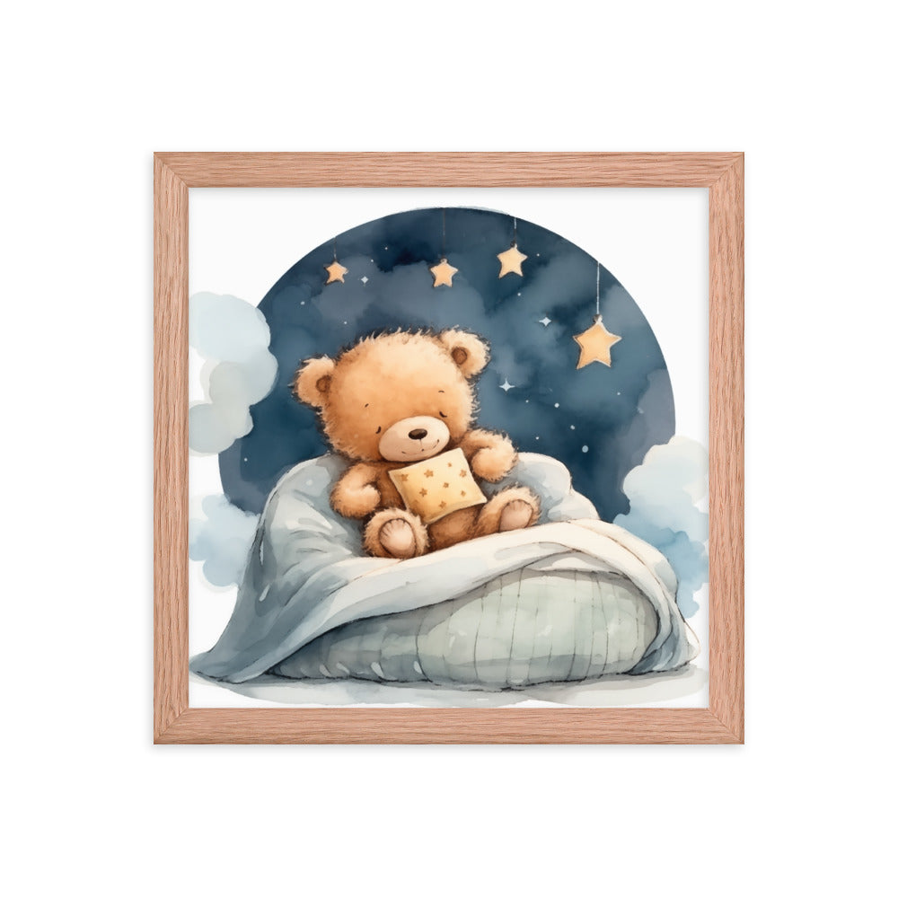 Bedtime Bliss - Adorable Teddy Bear Poster - Red Oak 12″×12″ - Wooden Framed Posters