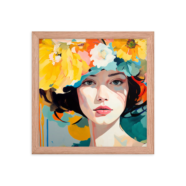 Radiant Beauty - Floral Adorned Woman Wall Decor - Red Oak 12″×12″ - Framed Posters