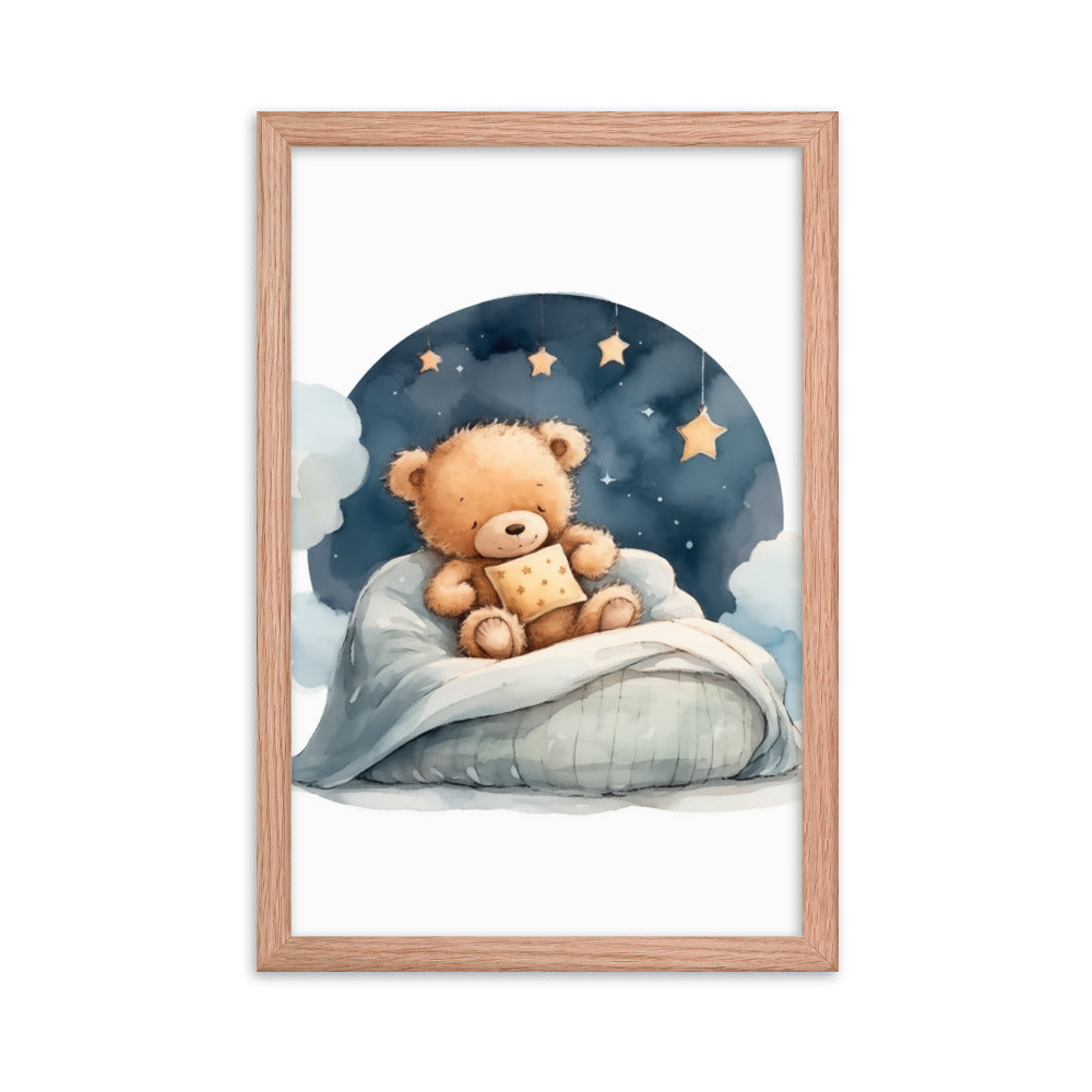 Bedtime Bliss - Adorable Teddy Bear Poster - Red Oak 12″×18″ - Wooden Framed Posters