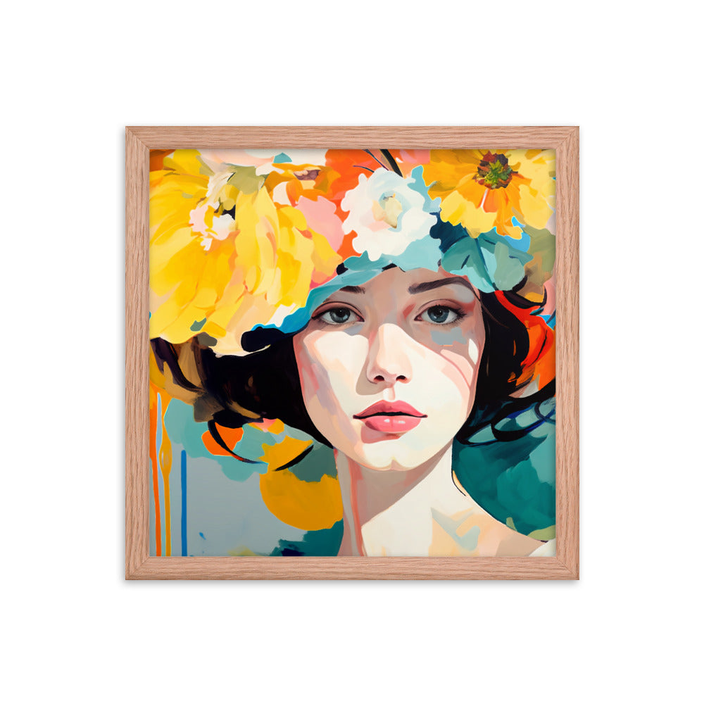 Radiant Beauty - Floral Adorned Woman Wall Decor - Red Oak 14″×14″ - Framed Posters