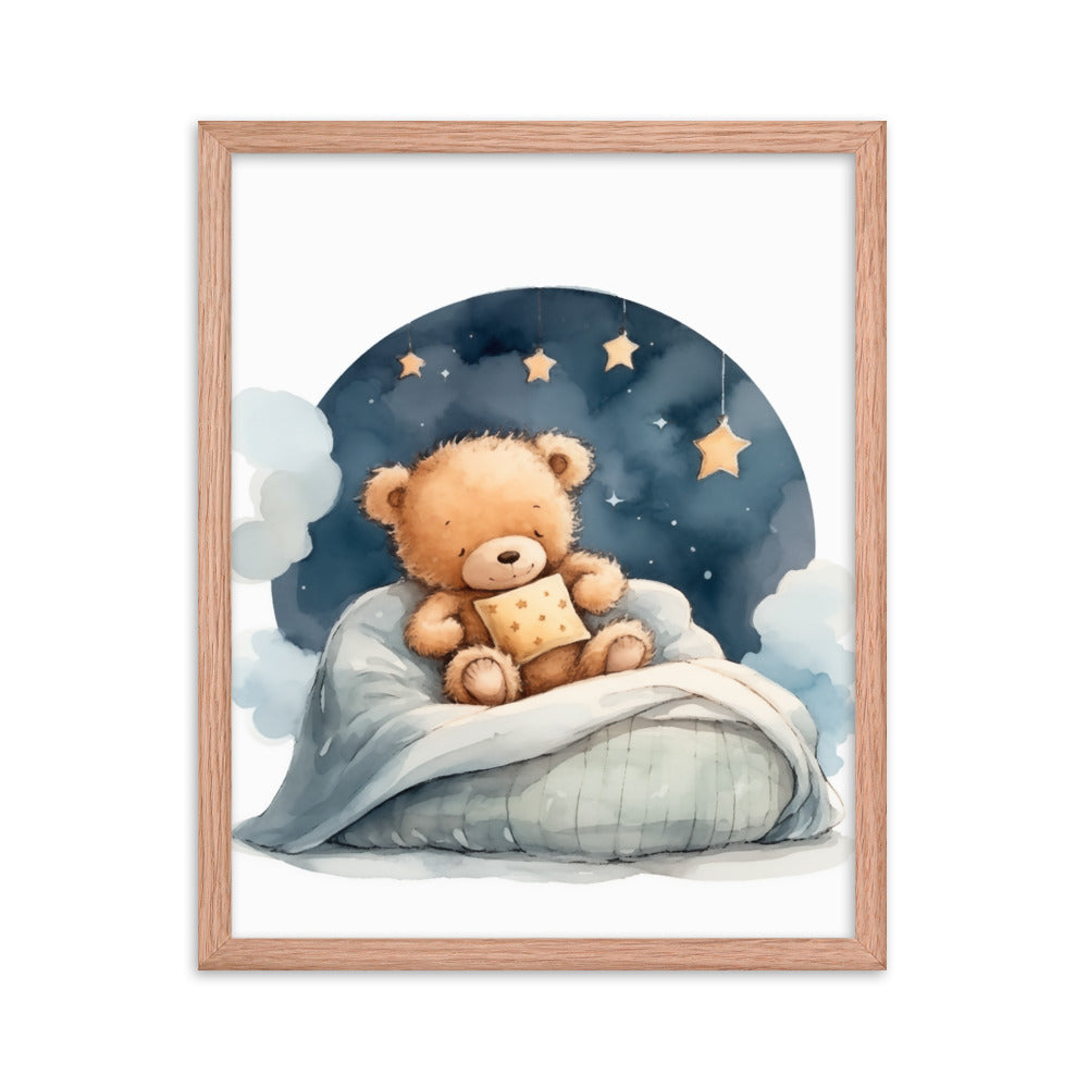 Bedtime Bliss - Adorable Teddy Bear Poster - Red Oak 16″×20″ - Wooden Framed Posters