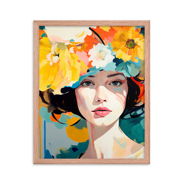 Radiant Beauty - Floral Adorned Woman Wall Decor - Red Oak 16″×20″ - Framed Posters