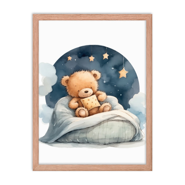 Bedtime Bliss - Adorable Teddy Bear Poster - Red Oak 18″×24″ - Wooden Framed Posters