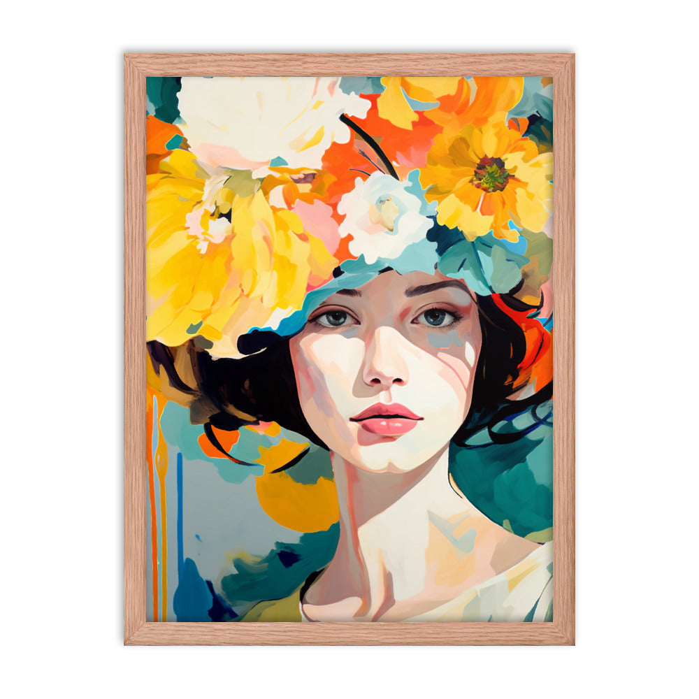 Radiant Beauty - Floral Adorned Woman Wall Decor - Red Oak 18″×24″ - Framed Posters