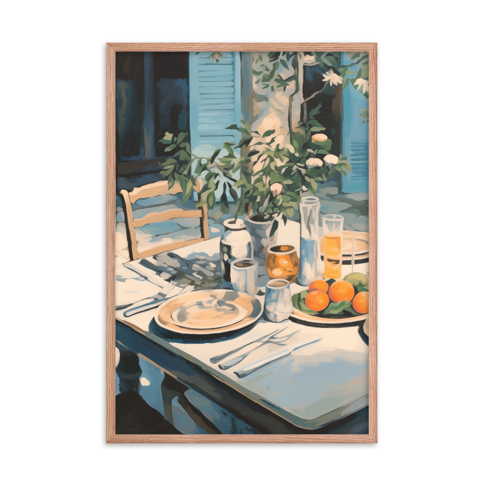 Tranquil Brunch - Rustic Outdoor Dining Poster - Red Oak 24″×36″ - Framed Poster