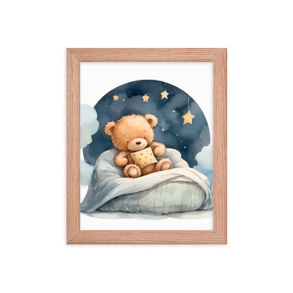 Bedtime Bliss - Adorable Teddy Bear Poster - Red Oak 8″×10″ - Wooden Framed Posters