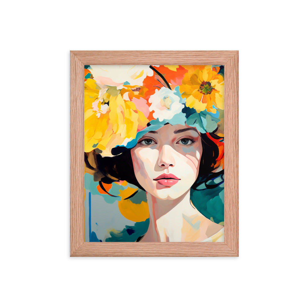 Radiant Beauty - Floral Adorned Woman Wall Decor - Red Oak 8″×10″ - Framed Posters