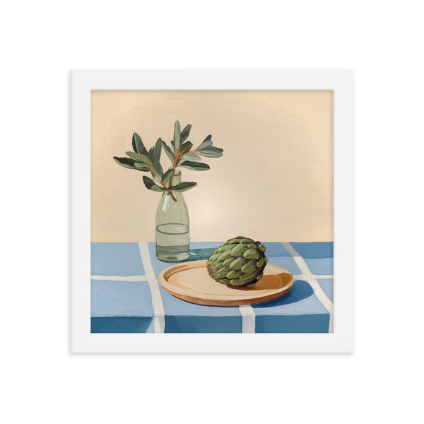 Rustic Elegance - Artichoke and Greenery Wall Art - White 10″×10″ - Framed Poster