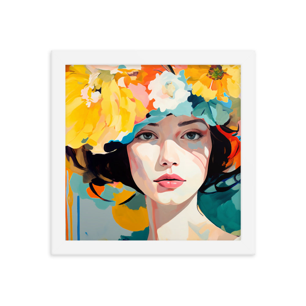 Radiant Beauty - Floral Adorned Woman Wall Decor - White 10″×10″ - Framed Posters