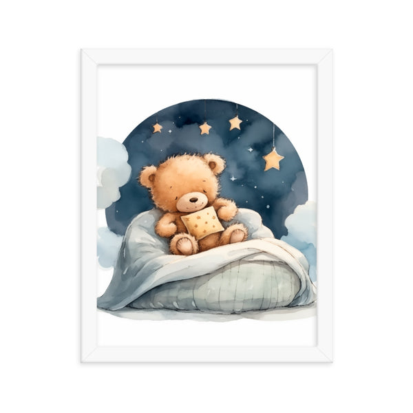 Bedtime Bliss - Adorable Teddy Bear Poster - White 11″×14″ - Wooden Framed Posters