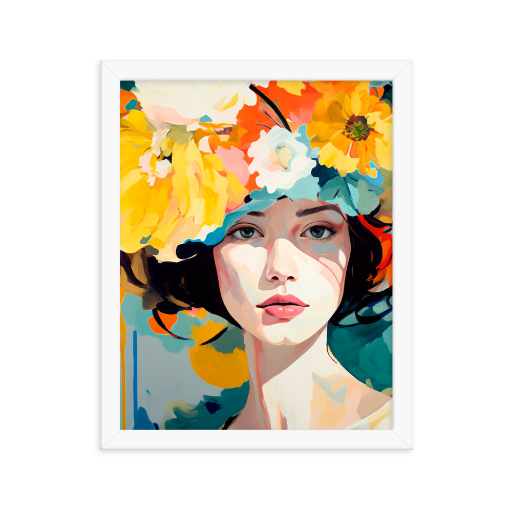 Radiant Beauty - Floral Adorned Woman Wall Decor - White 11″×14″ - Framed Posters