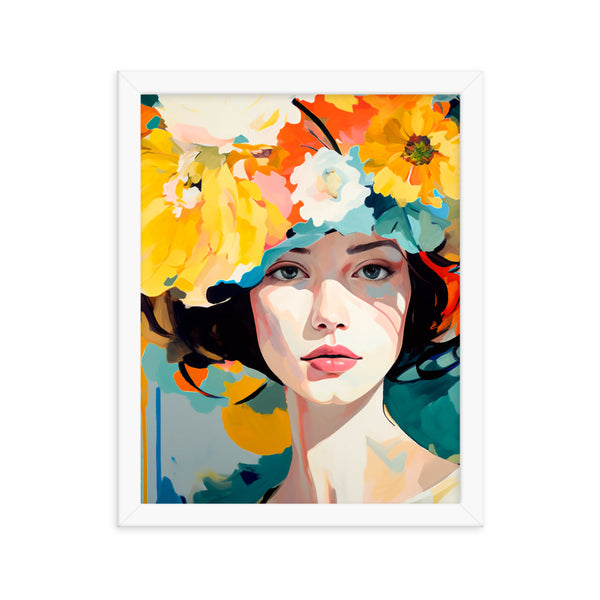 Radiant Beauty - Floral Adorned Woman Wall Decor - White 11″×14″ - Framed Posters