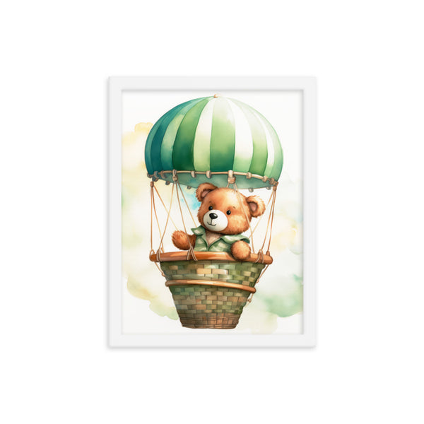 Floating Dreams - Teddy Bear in the Sky - White 12″×16″ - Framed Posters