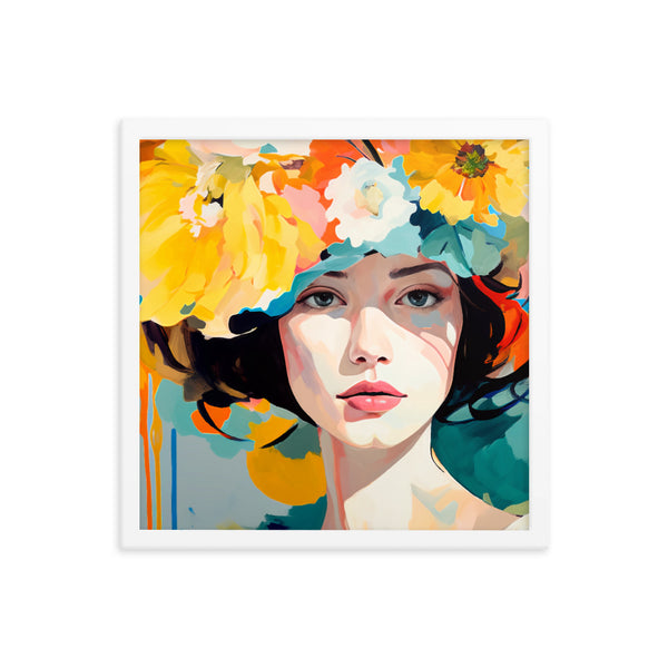 Radiant Beauty - Floral Adorned Woman Wall Decor - White 16″×16″ - Framed Posters