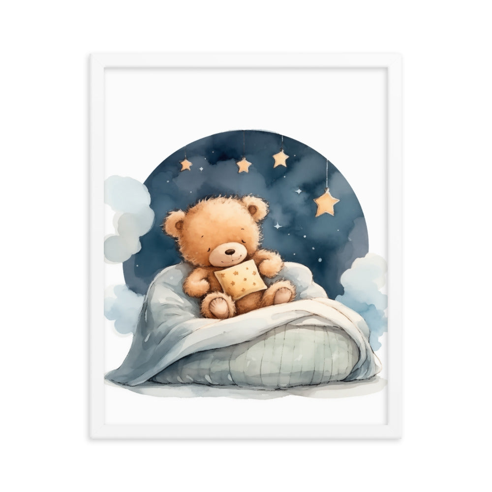 Bedtime Bliss - Adorable Teddy Bear Poster - White 16″×20″ - Wooden Framed Posters