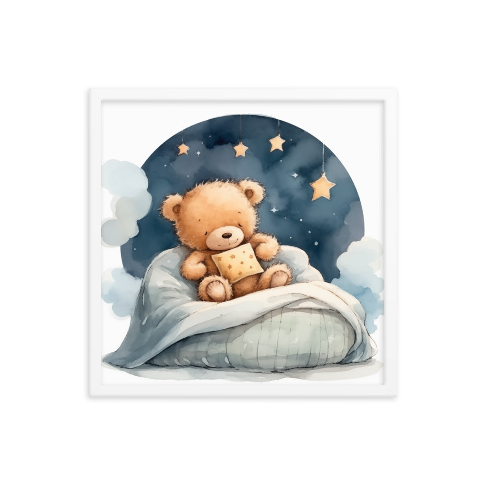 Bedtime Bliss - Adorable Teddy Bear Poster - White 18″×18″ - Wooden Framed Posters