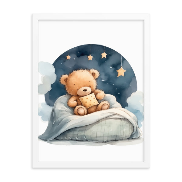 Bedtime Bliss - Adorable Teddy Bear Poster - White 18″×24″ - Wooden Framed Posters