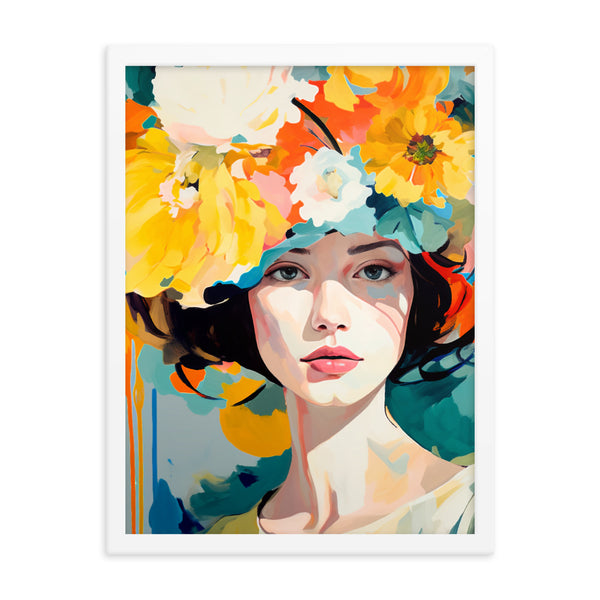 Radiant Beauty - Floral Adorned Woman Wall Decor - White 18″×24″ - Framed Posters