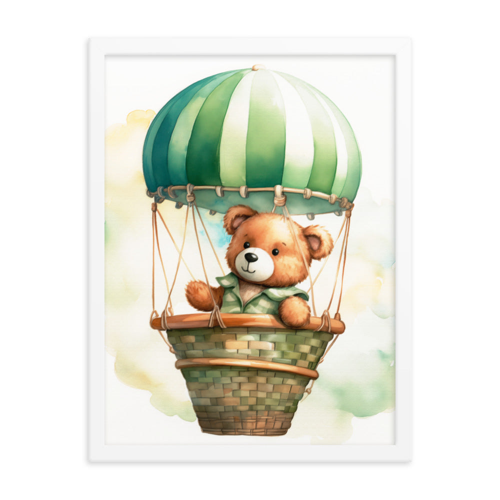 Floating Dreams - Teddy Bear in the Sky - White 18″×24″ - Framed Posters