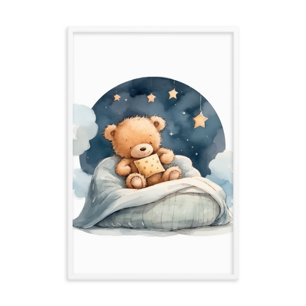 Bedtime Bliss - Adorable Teddy Bear Poster - White 24″×36″ - Wooden Framed Posters