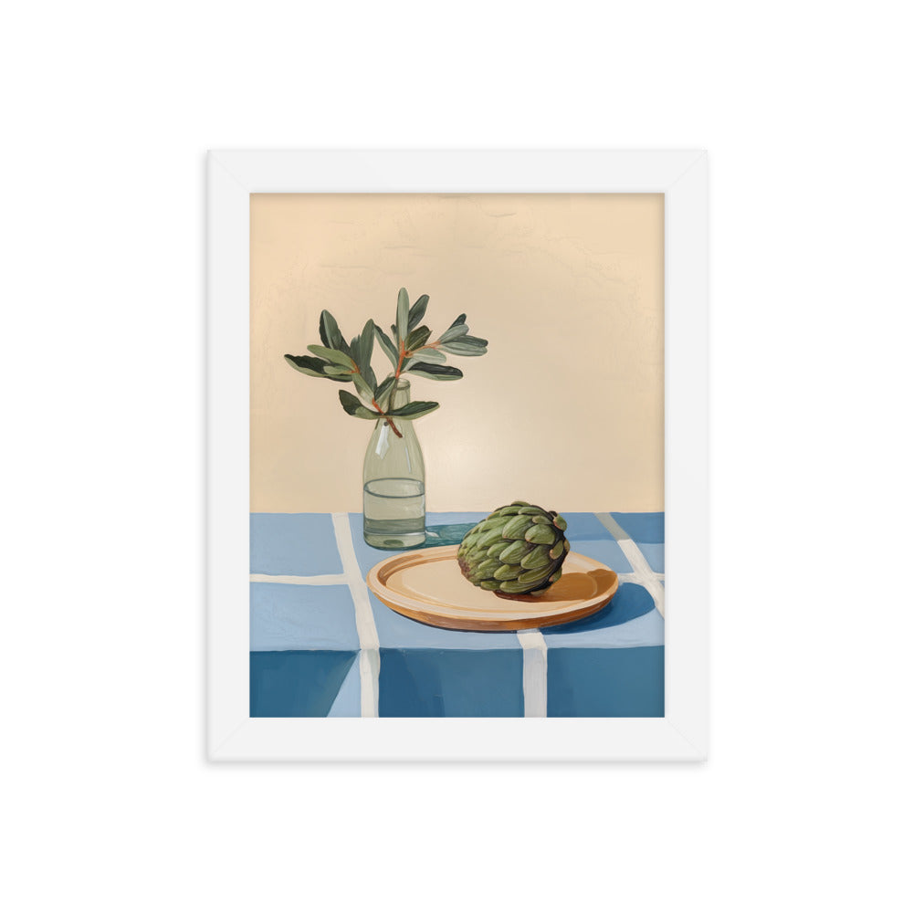 Rustic Elegance - Artichoke and Greenery Wall Art - White 8″×10″ - Framed Poster