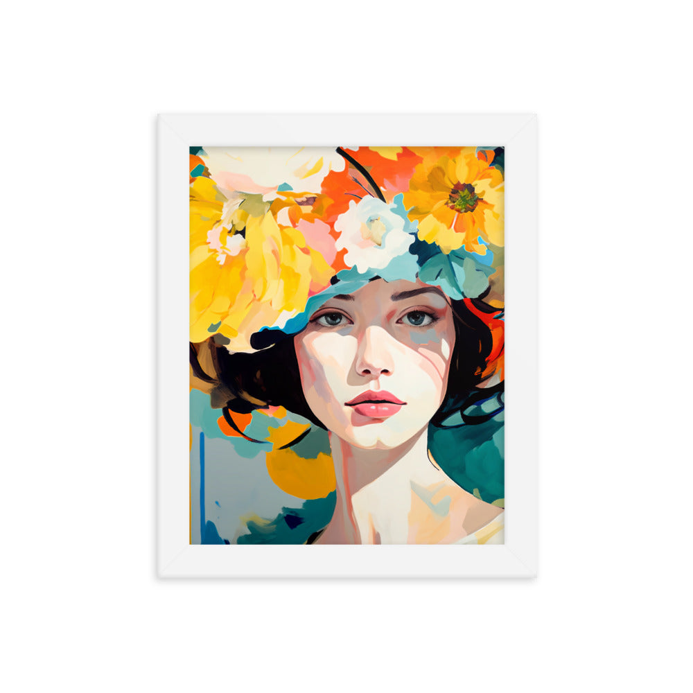 Radiant Beauty - Floral Adorned Woman Wall Decor - White 8″×10″ - Framed Posters