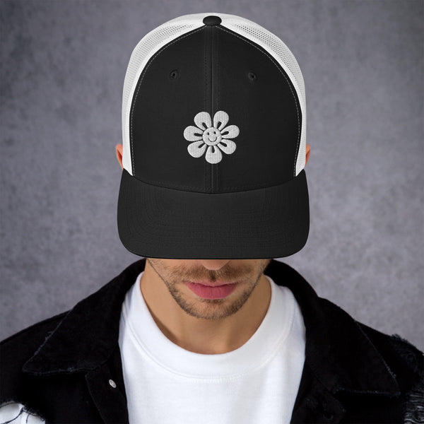 Floral Fusion Trucker Cap - Blossom Memories Wherever You Go - Black White - Caps