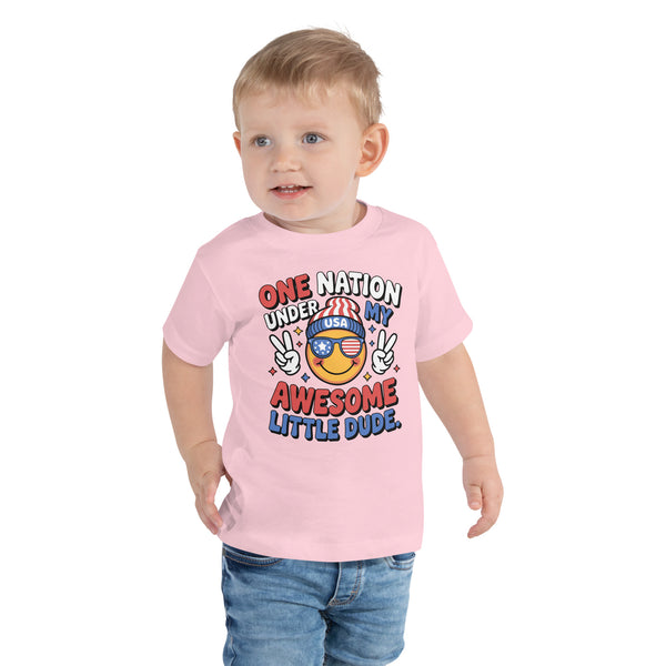 Gift for Son – Awesome Little Dude July 4th Tee - Pink - Toddler Short Sleeve Tee