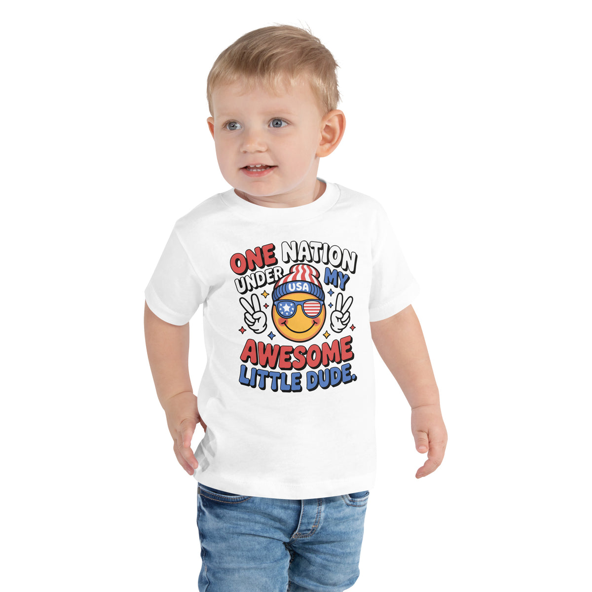 Gift for Son – Awesome Little Dude July 4th Tee - White - Toddler Short Sleeve Tee