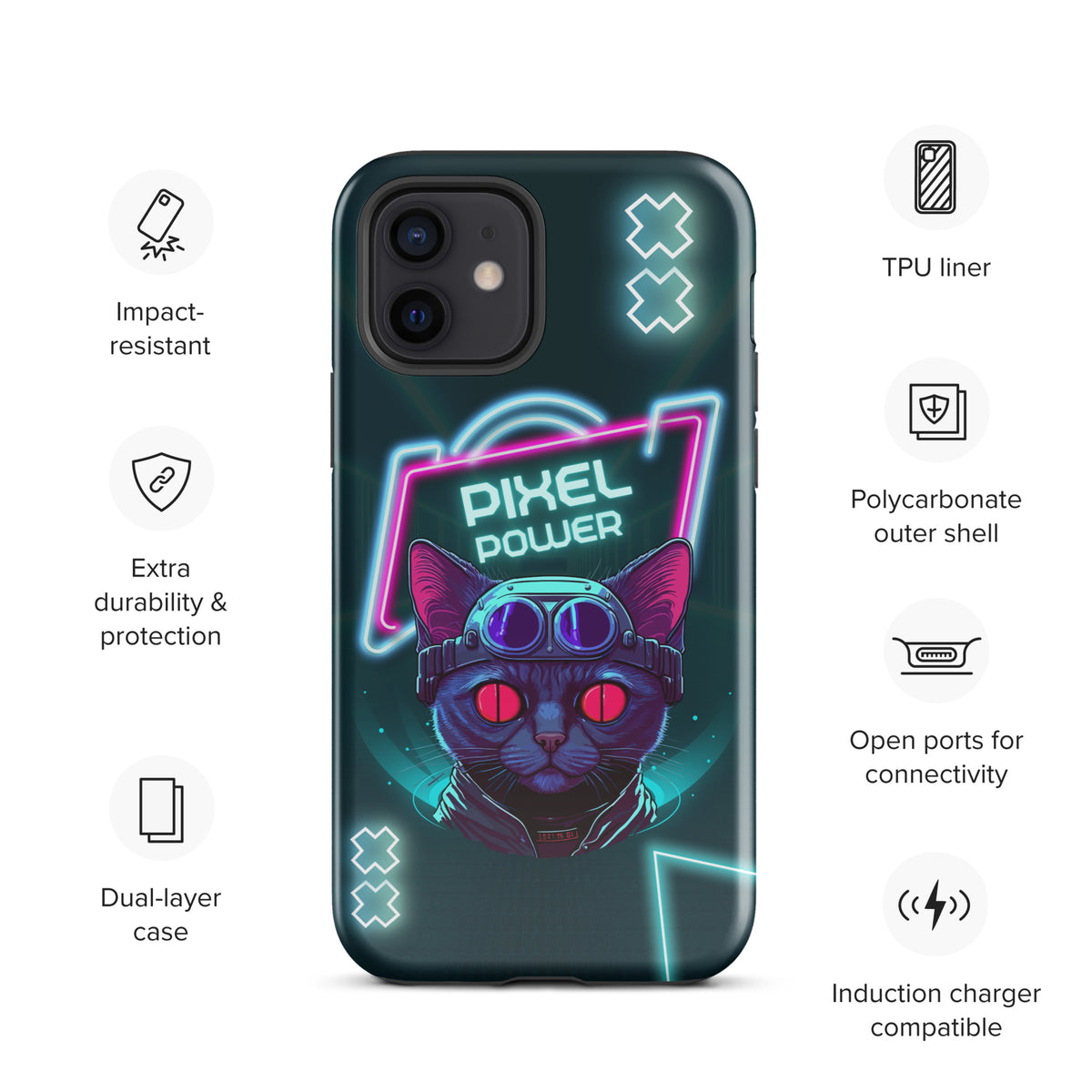 Pixel Power – Cyber Cat Gaming iPhone® Tough Case - iPhone 12 - Phone Case