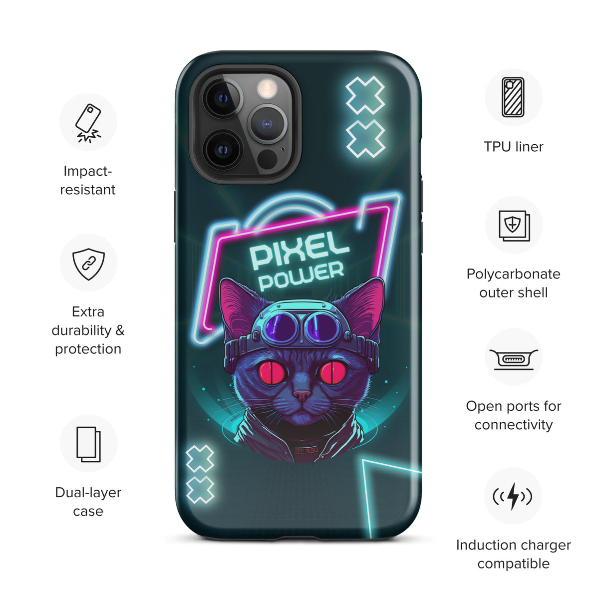 Pixel Power – Cyber Cat Gaming iPhone® Tough Case - iPhone 12 Pro Max - Phone Case