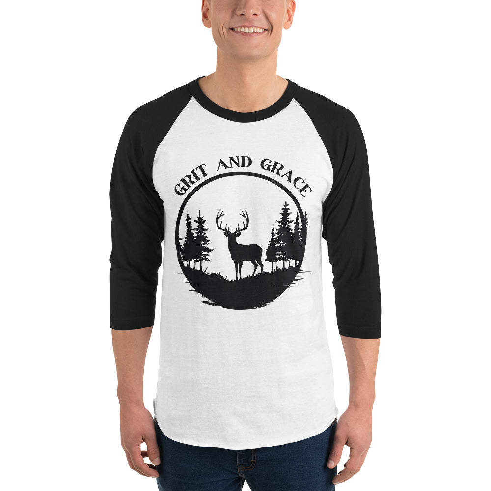 Grit and Grace - Majestic Stag Raglan Shirt - White Black - T.shirts