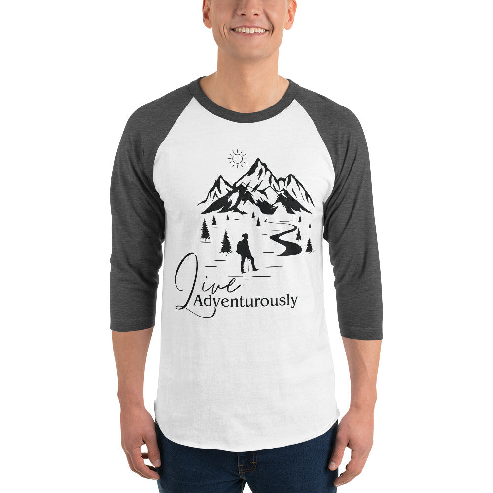 Mountain Explorer - Live Adventurously ¾ Raglan Sleeve Shirt - White Heather Charcoal - T.shirts