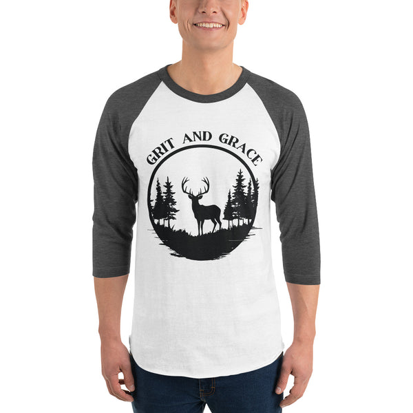 Grit and Grace - Majestic Stag Raglan Shirt - White Heather Charcoal - T.shirts