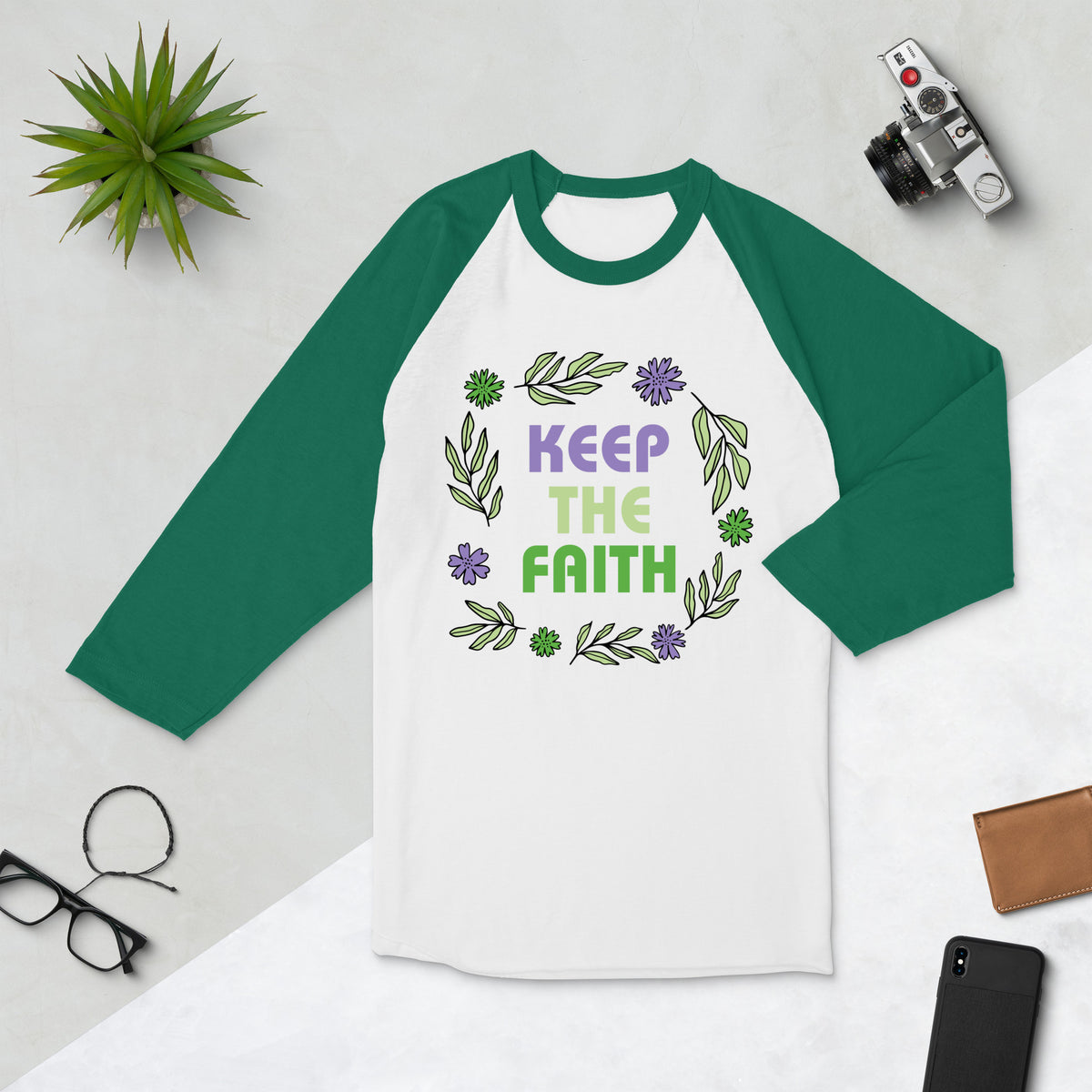 Faith and Florals - Keep the Faith Raglan - White Kelly - T-shirts