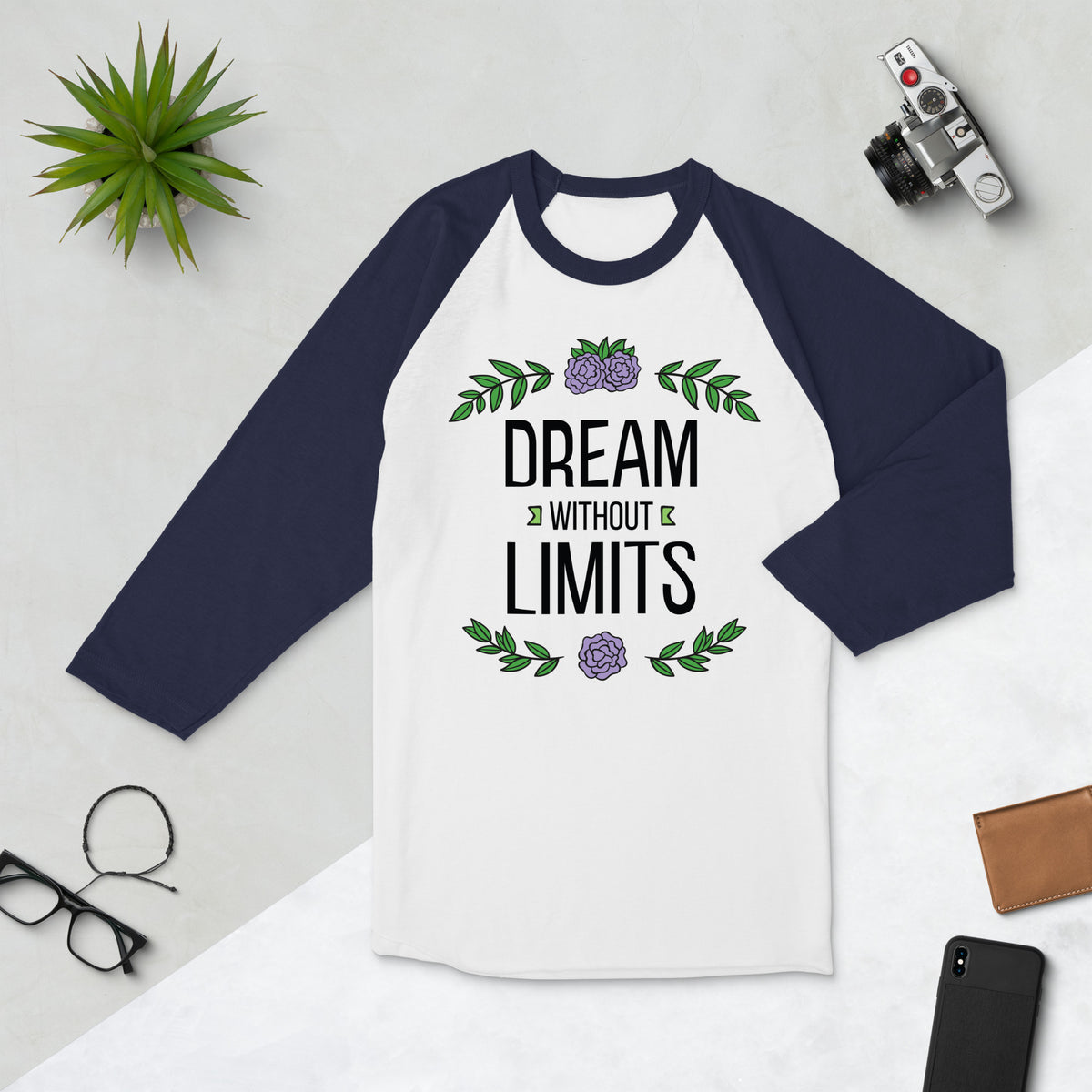 Dream Without Limits - Inspirational Floral Tee - White Navy - T-shirts