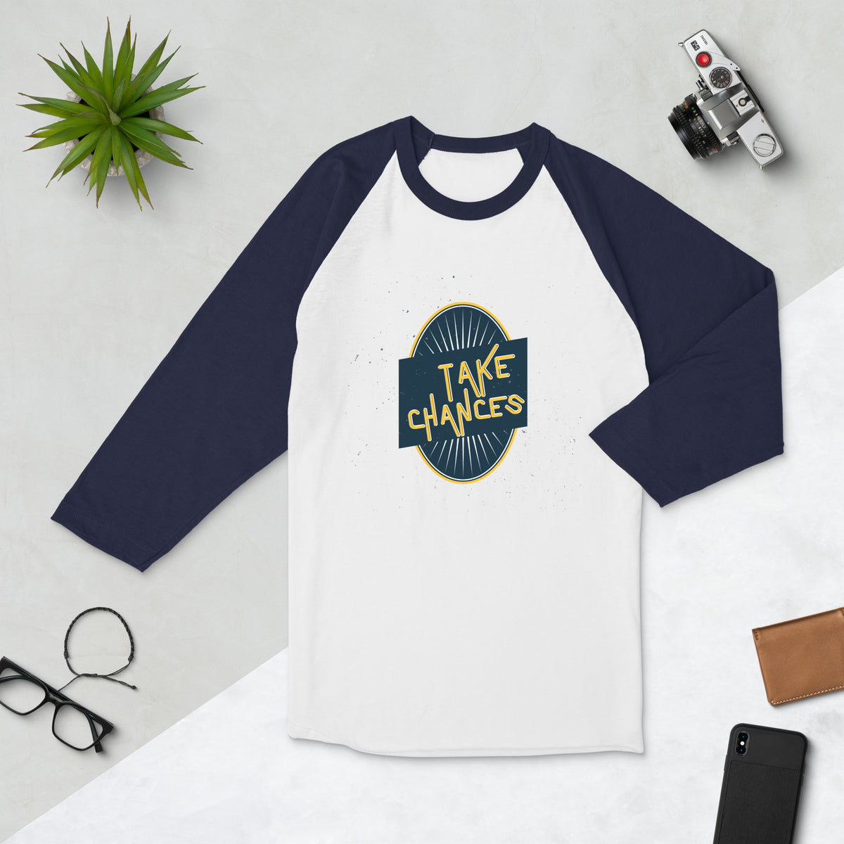 Leap Forward - TAKE CHANCES Inspirational Raglan - White Navy - T-shirts