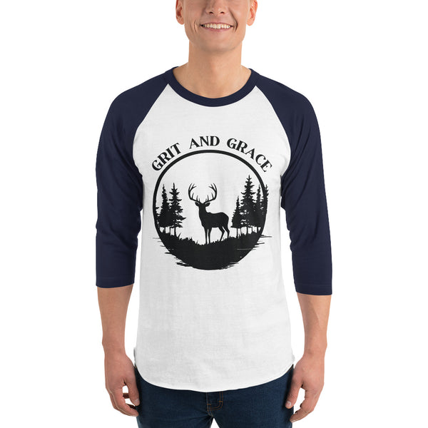 Grit and Grace - Majestic Stag Raglan Shirt - White Navy - T.shirts