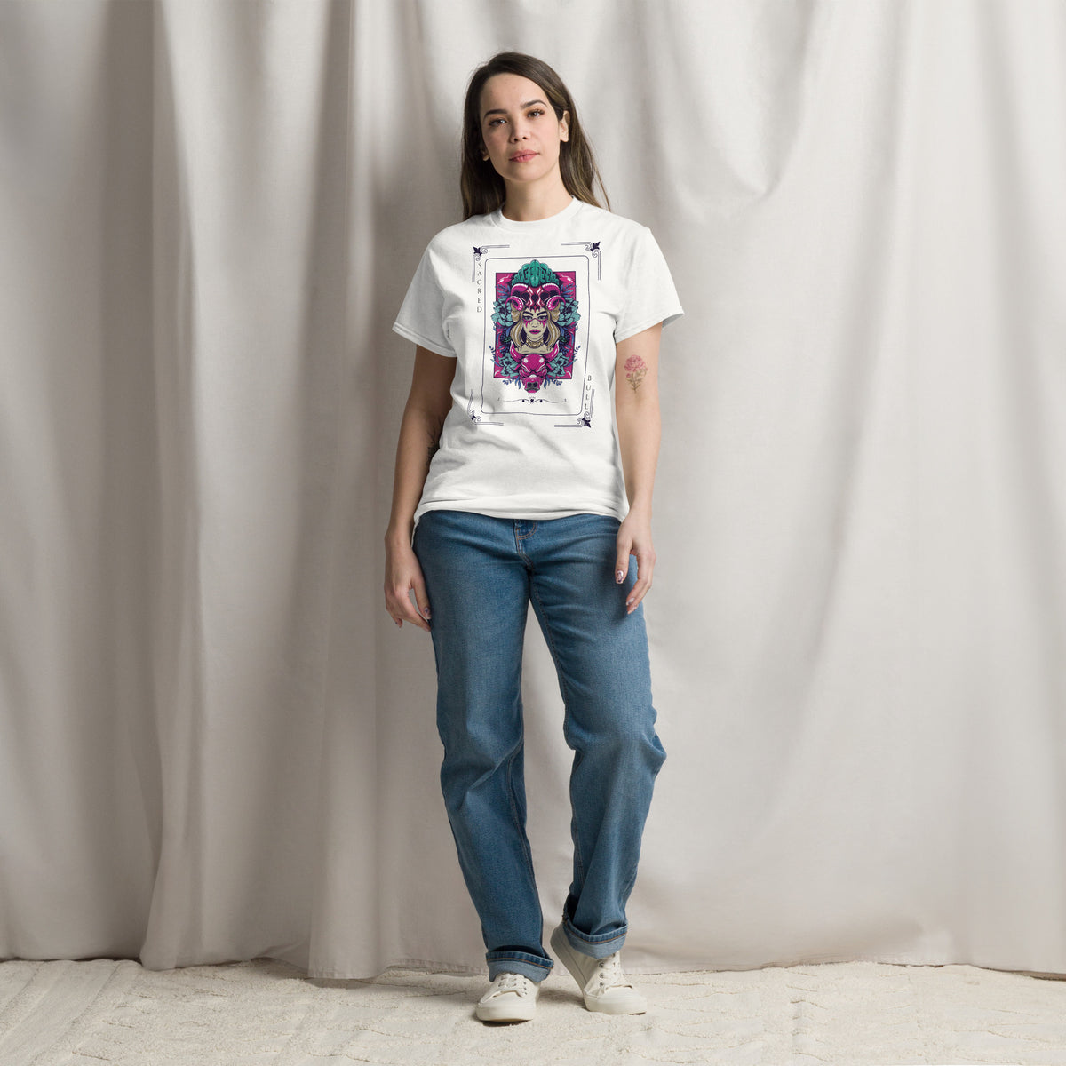 Sacred Bull Unisex Classic Tee - Mystical and Vibrant Design - White - T-shirts