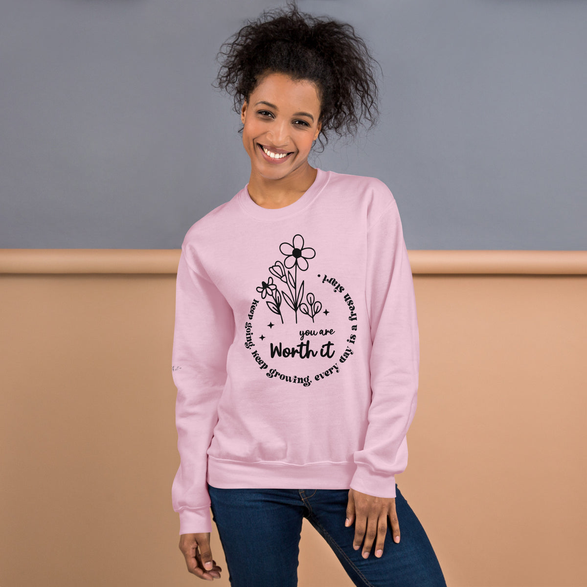 Uplifting Floral Sweatshirt - You Are Worth It - Light Pink -