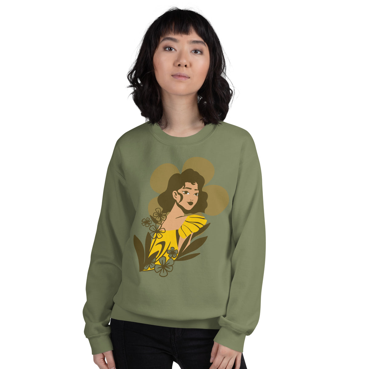 Golden Grace - Elegant Floral Sweatshirt - Military Green - Sweatshirts