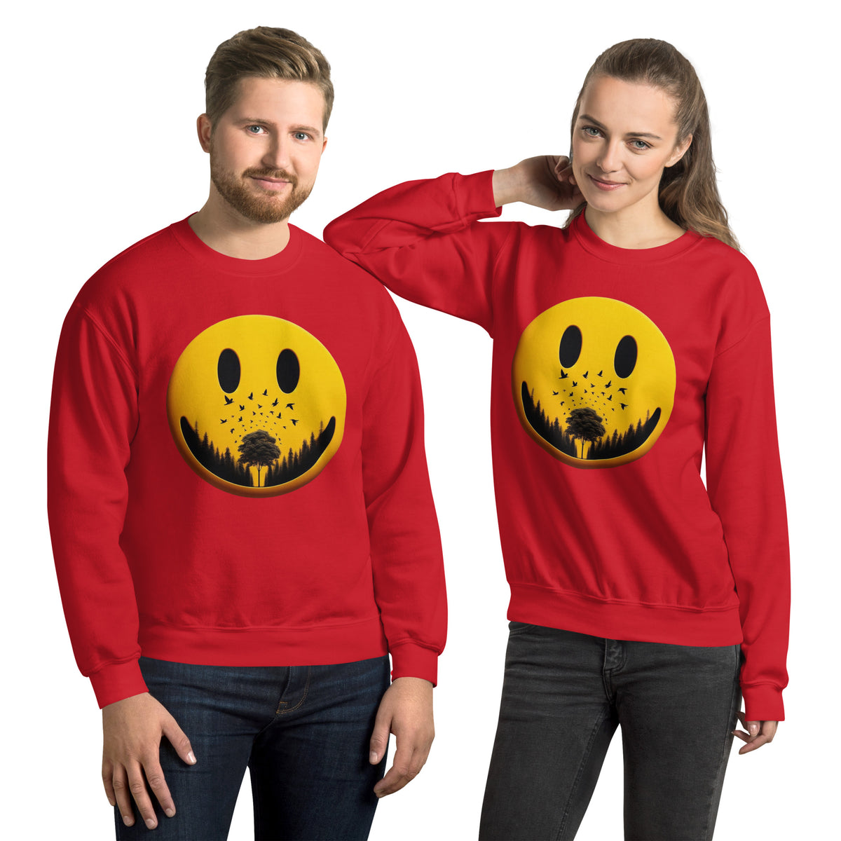 Nature's Embrace - The Happy Face Sweatshirt" - Red - Sweatshirts