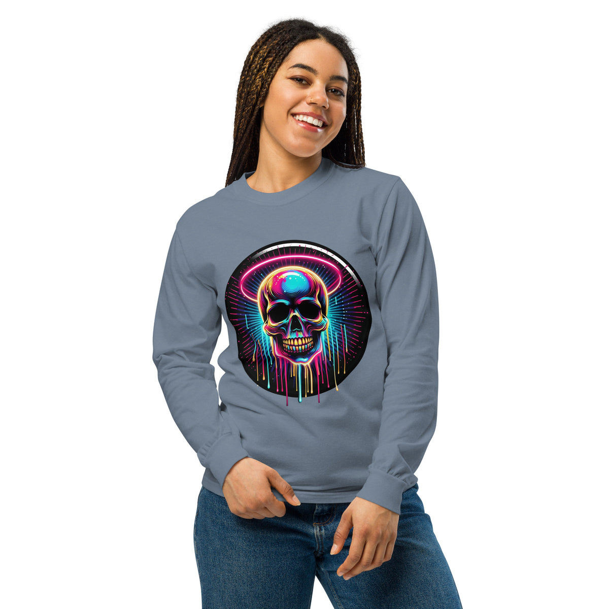 Neon Halo Skull - Vibrant Memories - Blue Jean - Sweatshirts