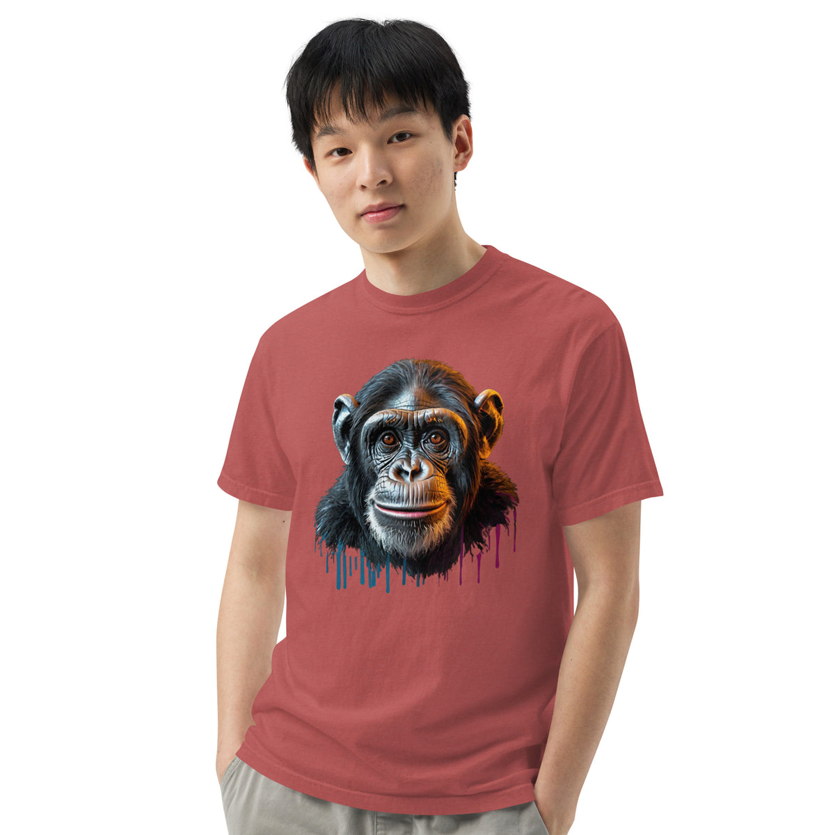 Artistic Chimpanzee Portrait Heavyweight Tee - Crimson - T-shirts