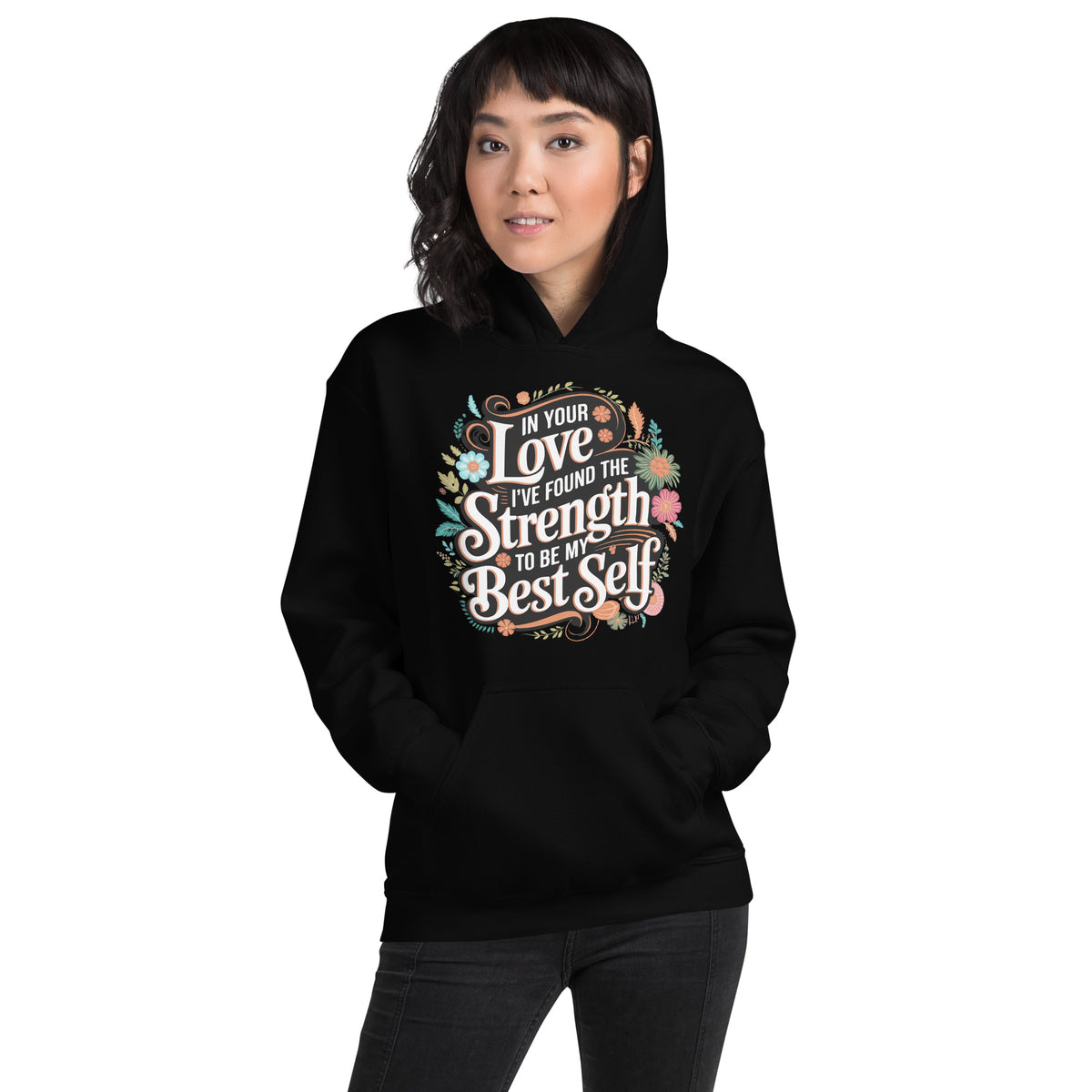 Empowered by Your Love – Elegant Floral Hoodie for Her - Black - Hoodies