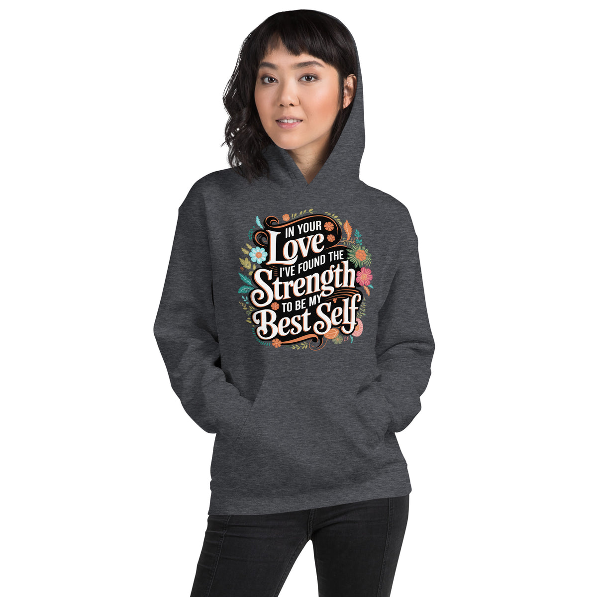 Empowered by Your Love – Elegant Floral Hoodie for Her - Dark Heather - Hoodies