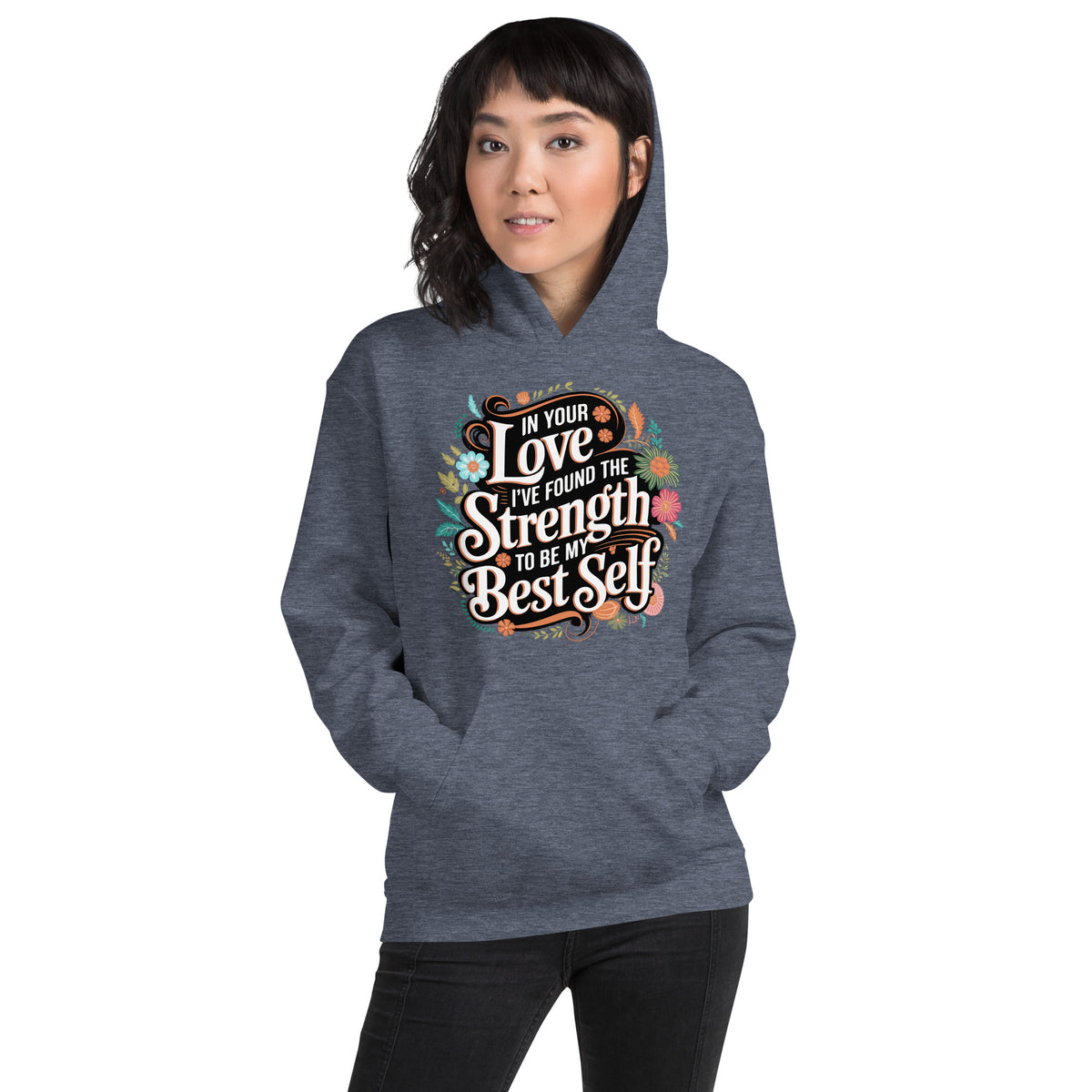 Empowered by Your Love – Elegant Floral Hoodie for Her - Heather Sport Dark Navy - Hoodies